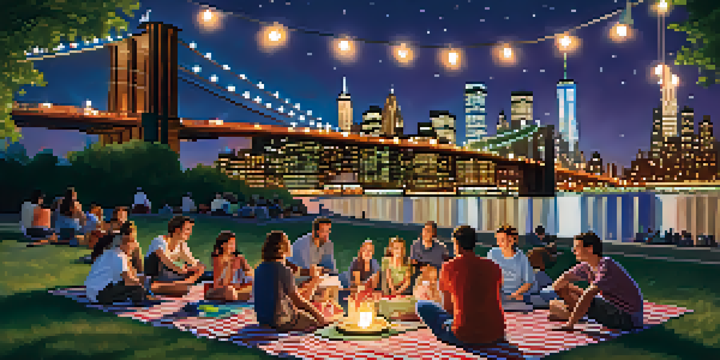 Families enjoying a movie night at Brooklyn Bridge Park with the Manhattan skyline in the background.