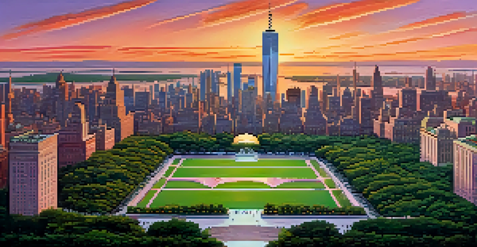 A panoramic view of New York City skyline at sunset with the United Nations headquarters in the foreground, surrounded by trees and vibrant sky colors.