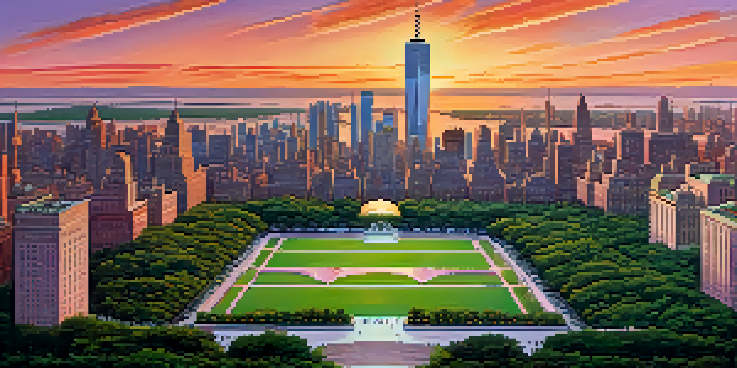 A panoramic view of New York City skyline at sunset with the United Nations headquarters in the foreground, surrounded by trees and vibrant sky colors.