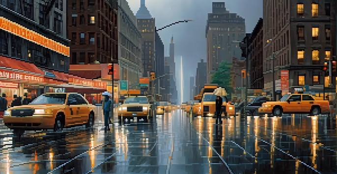 A panoramic view of New York City with flooded streets during heavy rainfall, and pedestrians with umbrellas.
