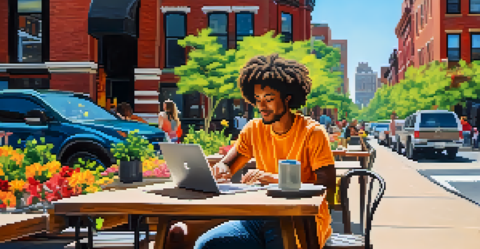 A digital nomad sitting outdoors at a coffee shop in Brooklyn, working on a laptop surrounded by greenery and city life.