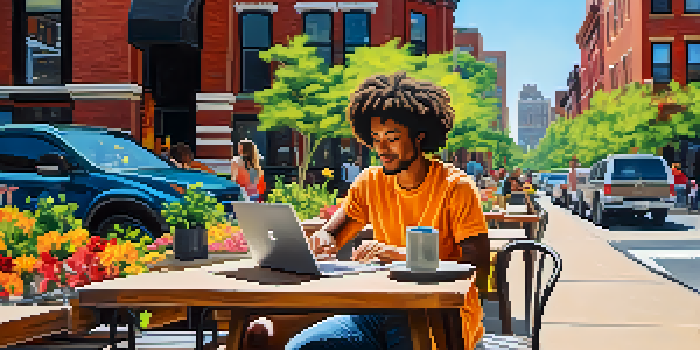 A digital nomad sitting outdoors at a coffee shop in Brooklyn, working on a laptop surrounded by greenery and city life.