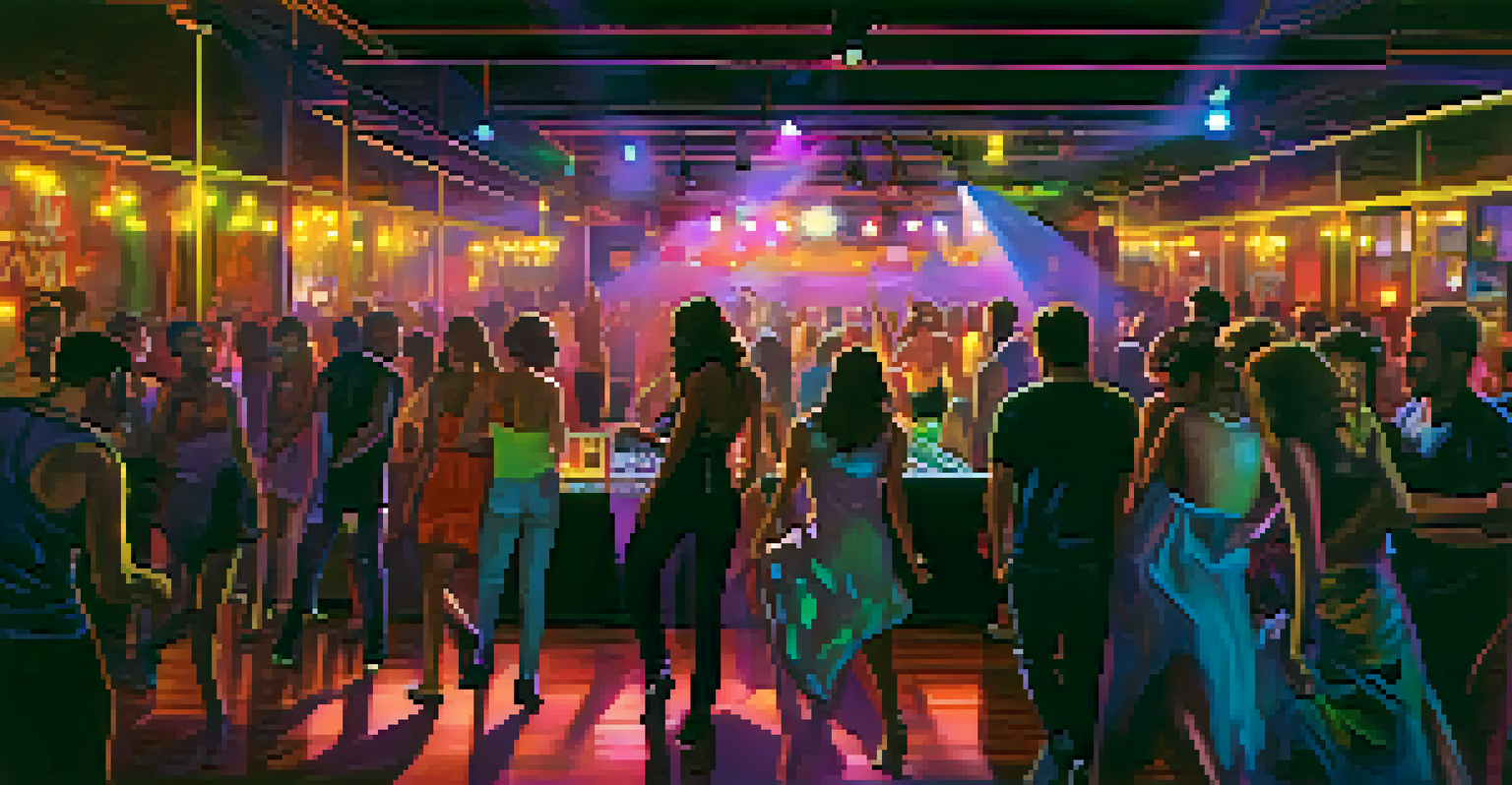 Inside a Brooklyn nightclub with colorful lights, people dancing, and local art on the walls.