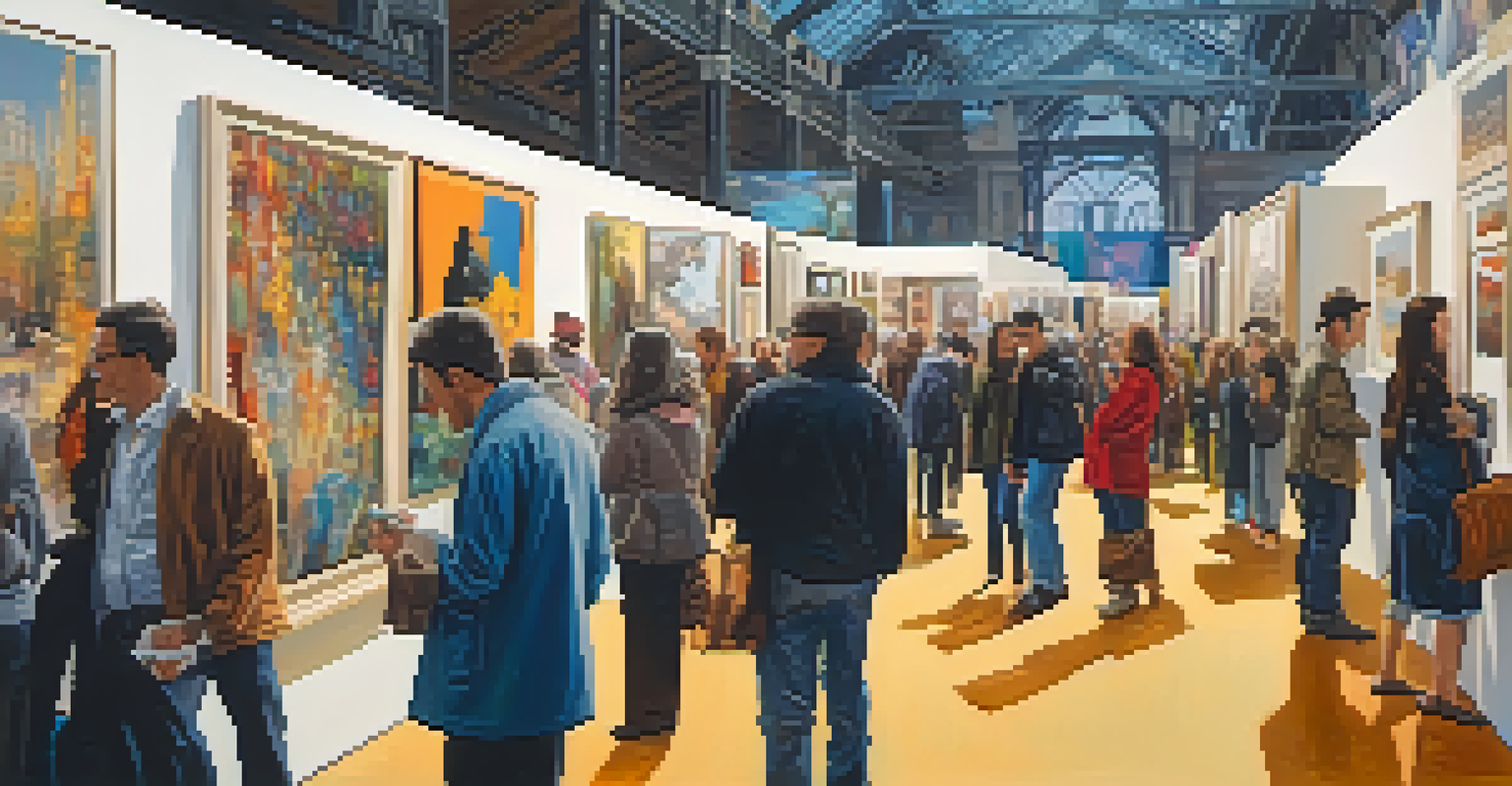 An energetic art fair with visitors exploring various booths of contemporary artworks and galleries.