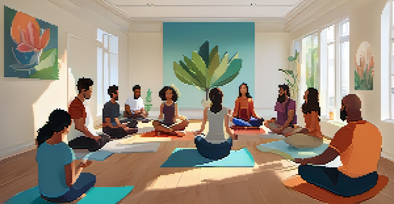 A community workshop with diverse participants engaged in mindfulness exercises in a cozy room.