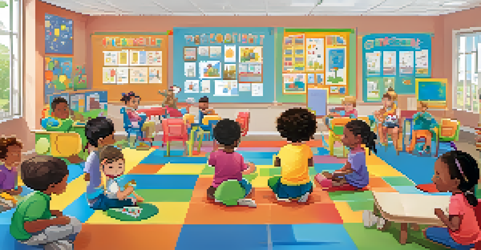 A preschool classroom where children are engaged in a group activity with a teacher, surrounded by colorful educational materials.