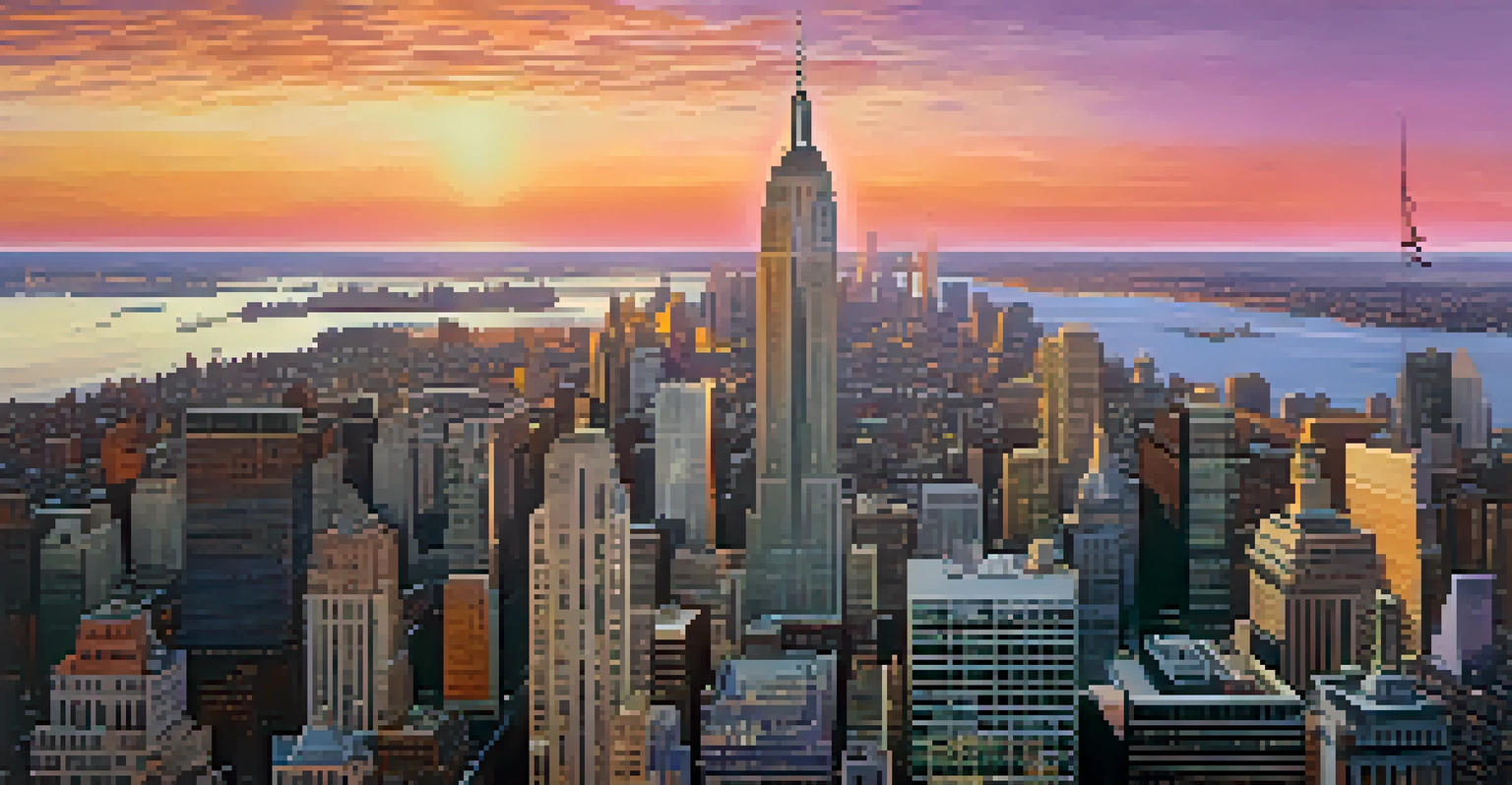 A stunning aerial view of New York City at sunset, showcasing the skyline and the river beneath a colorful sky.