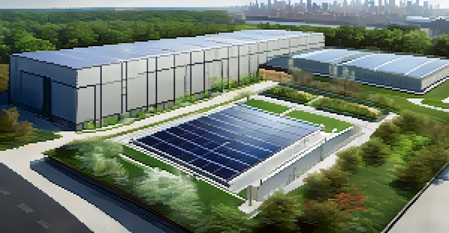 A modern water treatment facility in New York City with advanced technology and green infrastructure under bright daylight.