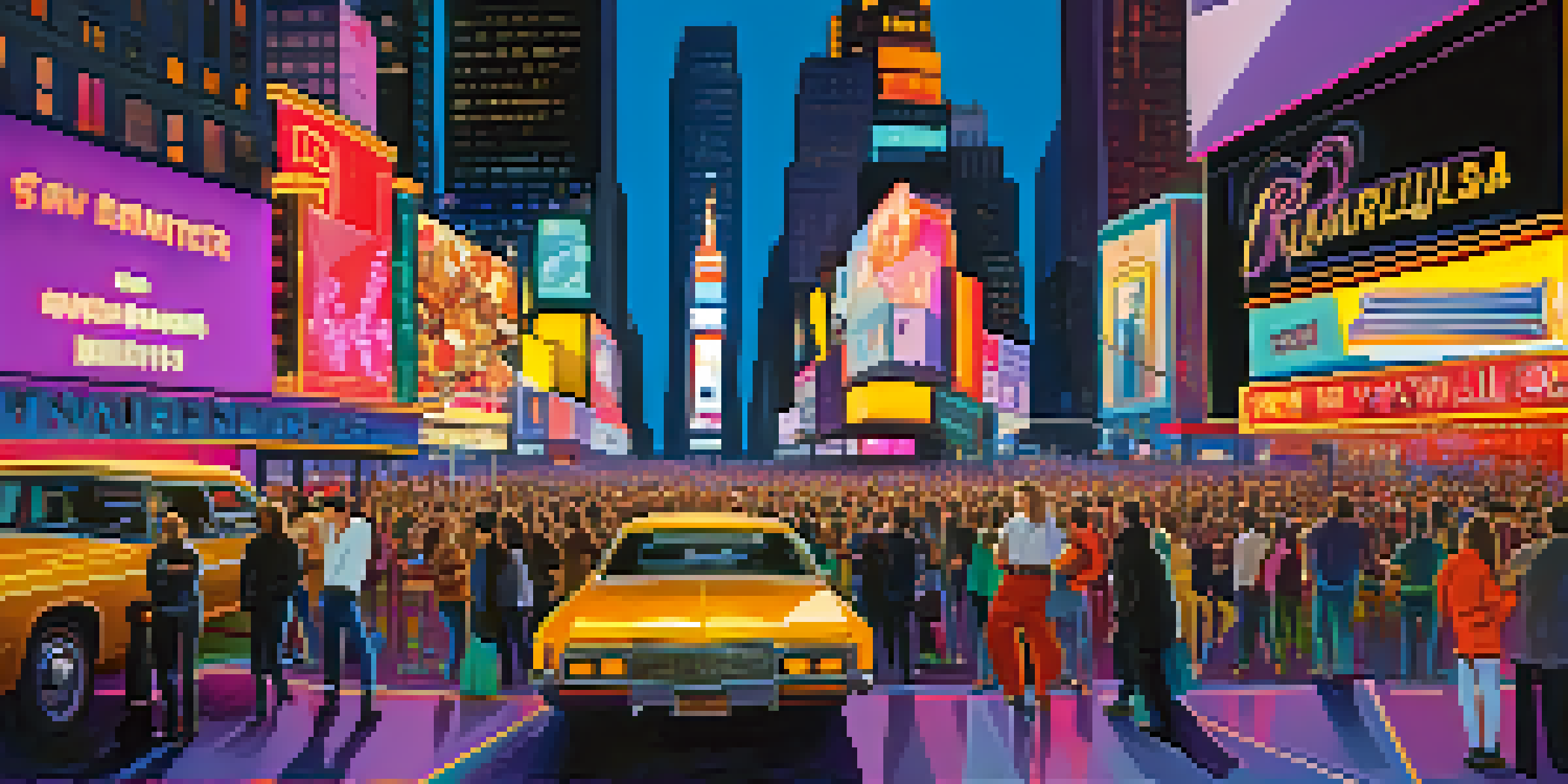 A lively Times Square at dusk, filled with people holding theater tickets and illuminated by bright neon lights.