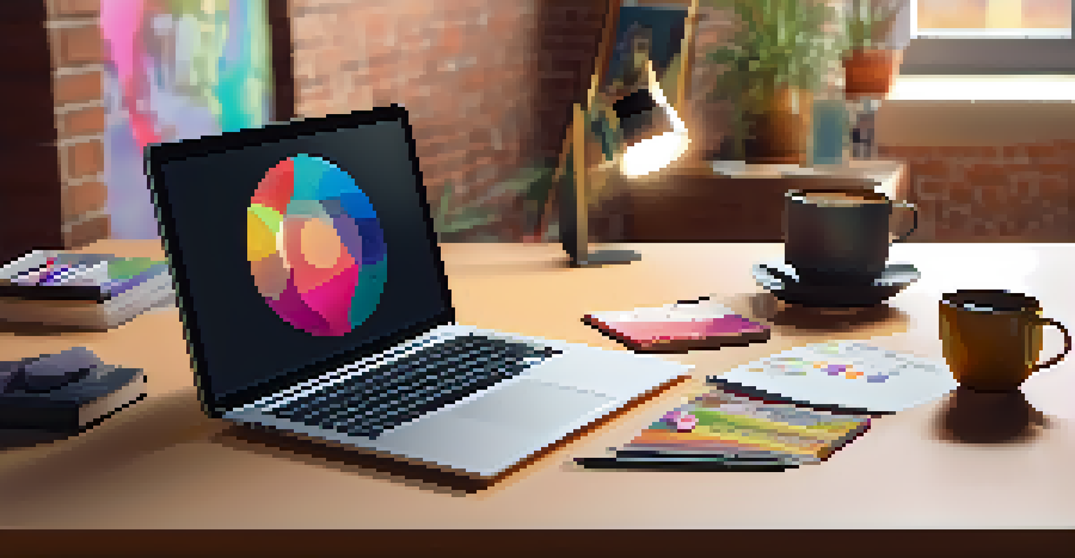 Close-up of a laptop showing a graphic designer's colorful portfolio with art supplies around.