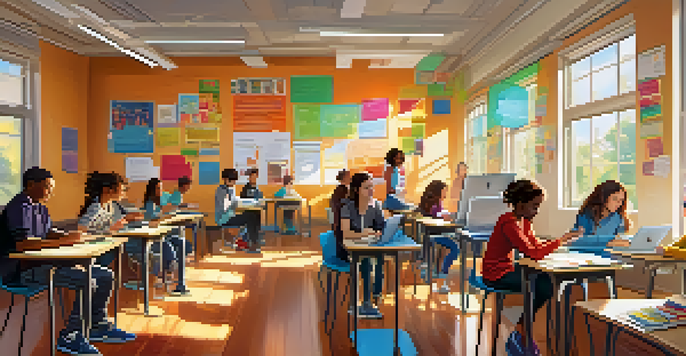 A lively classroom with students of different backgrounds using tablets and laptops, surrounded by educational posters and bright sunlight.