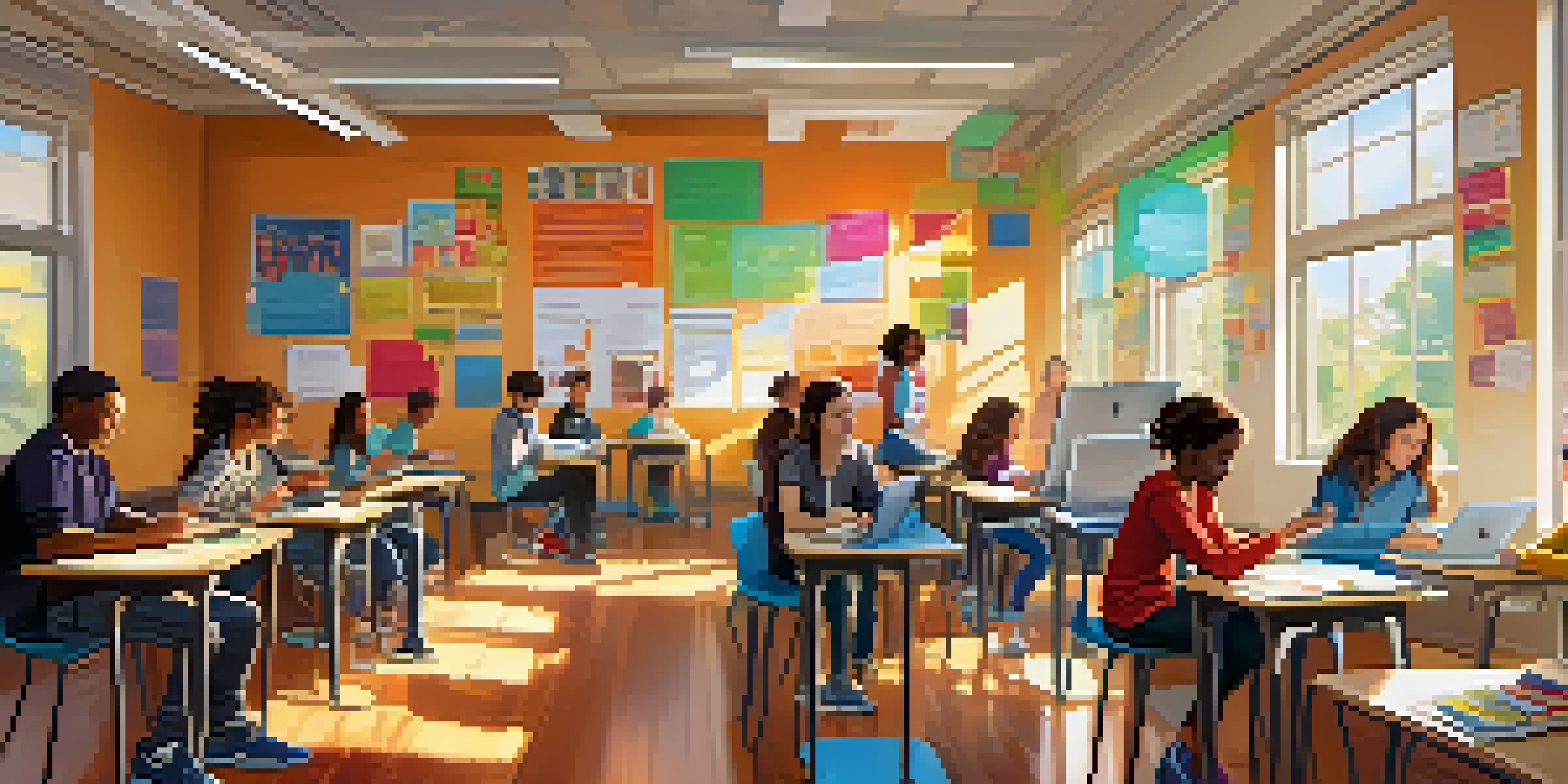 A lively classroom with students of different backgrounds using tablets and laptops, surrounded by educational posters and bright sunlight.