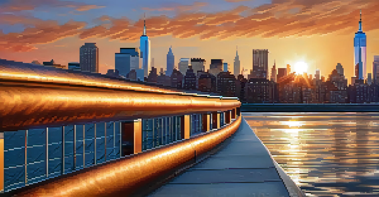 Close-up of flood barriers at the waterfront with the New York City skyline in the background during sunset.