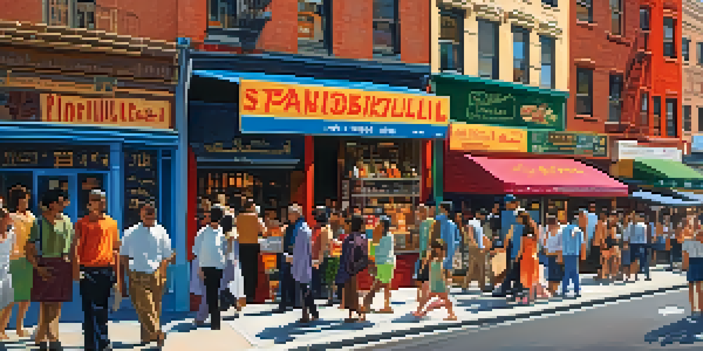 A lively New York City street filled with diverse people and shop signs in various languages, under a clear blue sky.