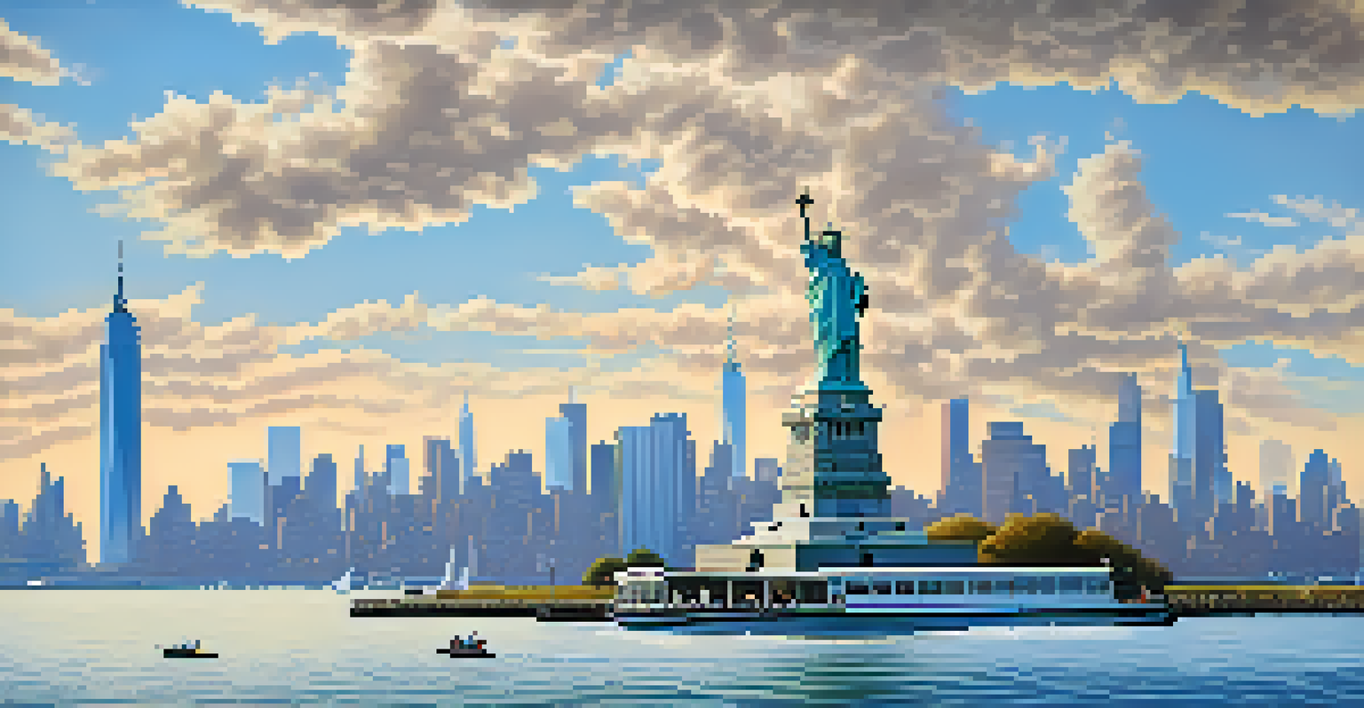 A panoramic view of the Statue of Liberty with the Manhattan skyline and boats in the foreground on a bright day.