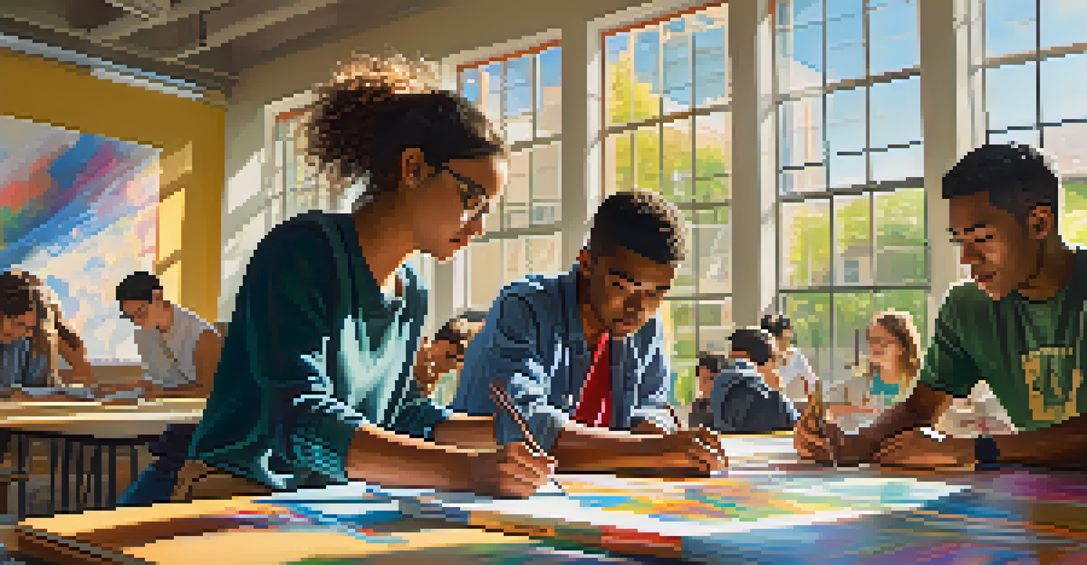 A diverse group of international students collaborating on a project in a university classroom, surrounded by colorful materials.