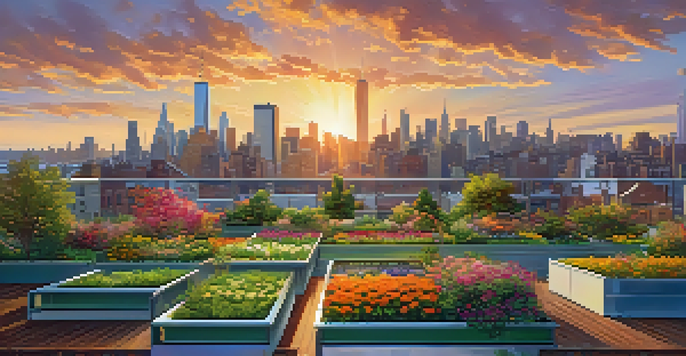 A modern city skyline with eco-friendly buildings, green rooftops, and gardens under a sunset sky.