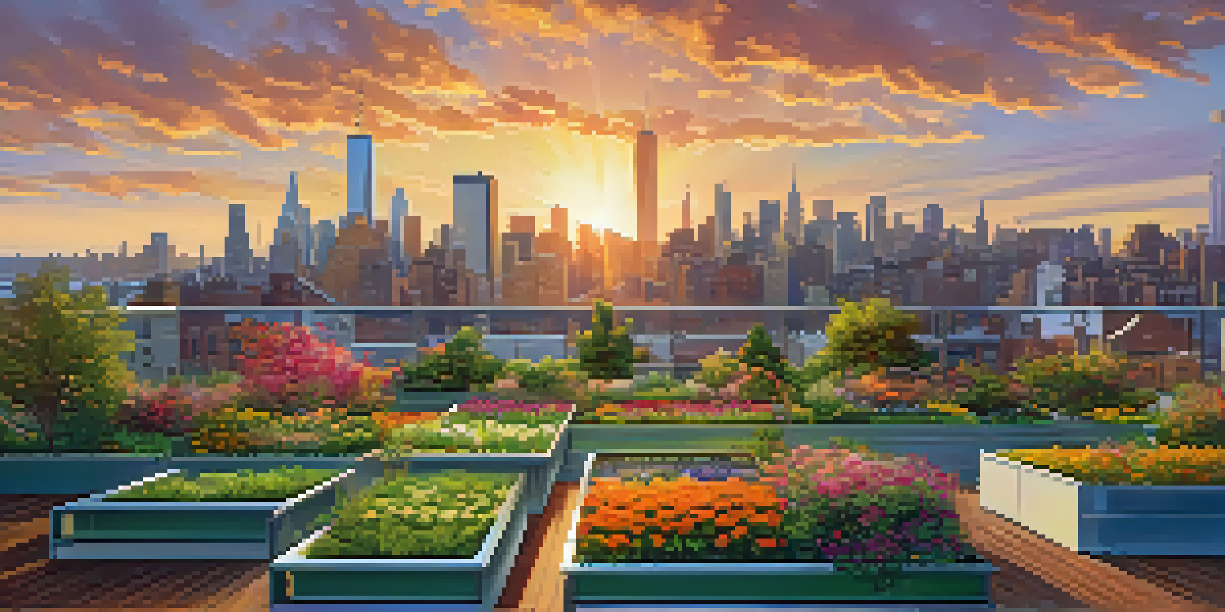 A modern city skyline with eco-friendly buildings, green rooftops, and gardens under a sunset sky.
