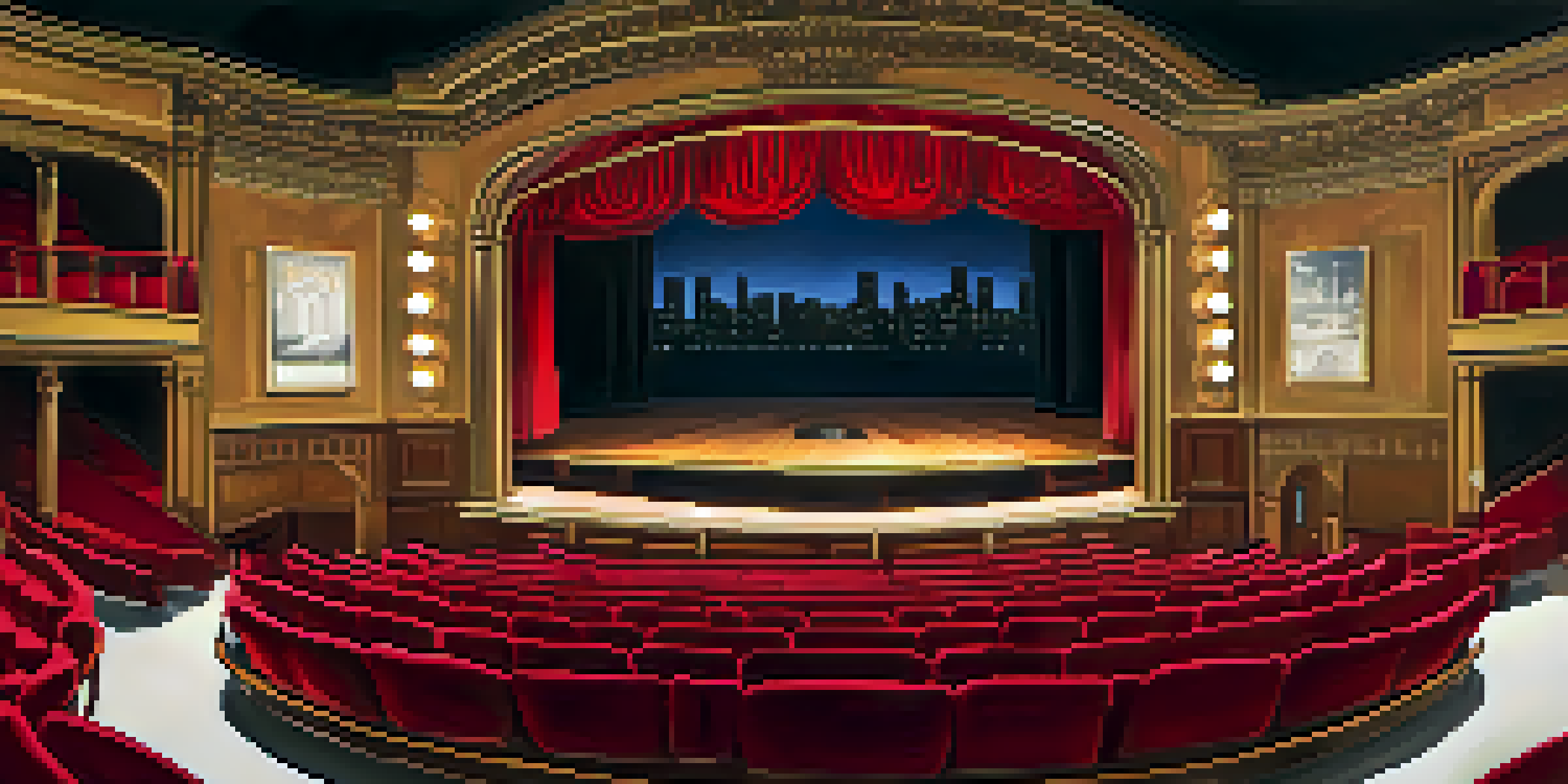 An interior view of a cozy Off-Broadway theater with red velvet seats and a small stage, warmly lit with a golden glow.