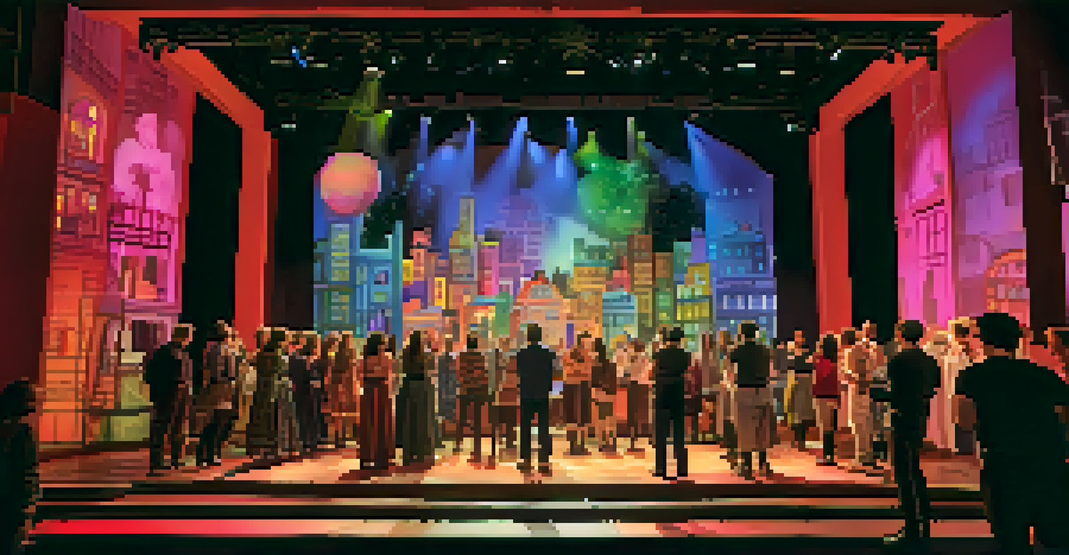 An Off-Broadway production with actors interacting with colorful multimedia projections on stage, captivating the audience.