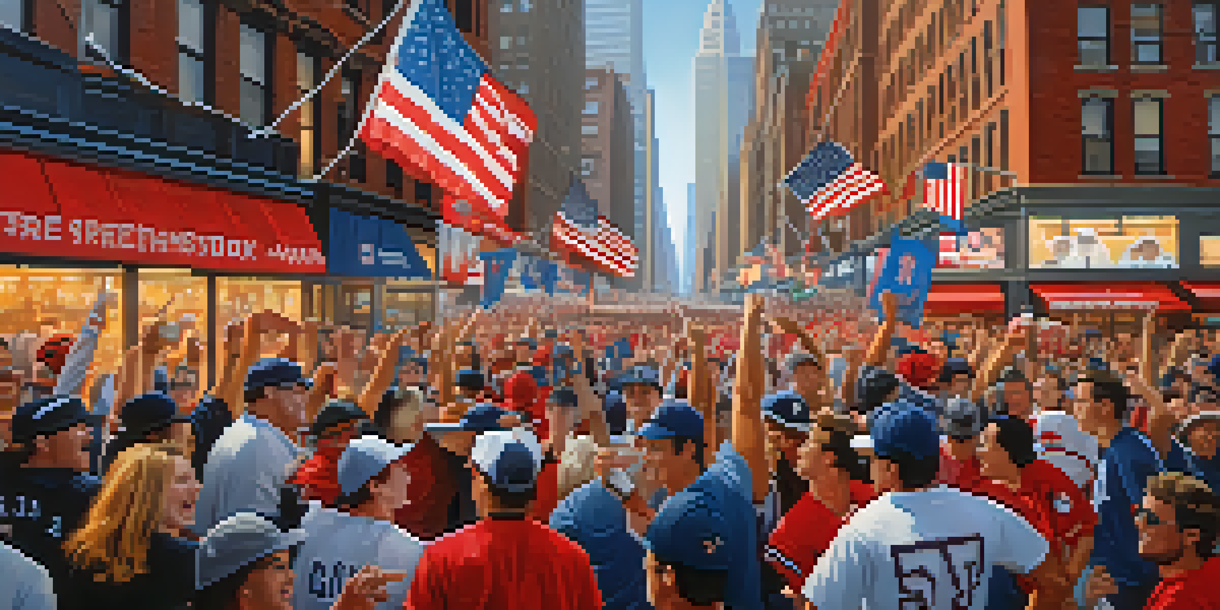 A lively New York City street filled with enthusiastic sports fans in jerseys, celebrating a game day atmosphere with team banners and flags.