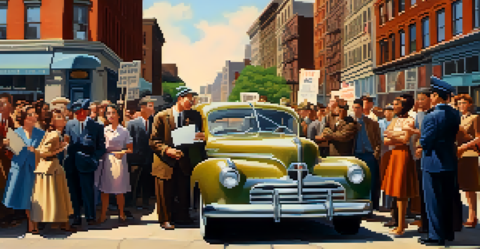 A diverse group of civil rights activists in 1940s NYC, holding signs for racial equality amidst vintage buildings and cars.