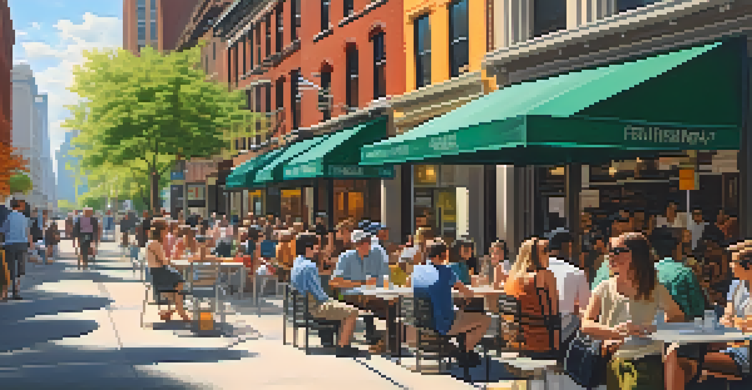 A lively street scene in New York City with diverse people, modern and historic buildings, and green trees under bright sunlight.