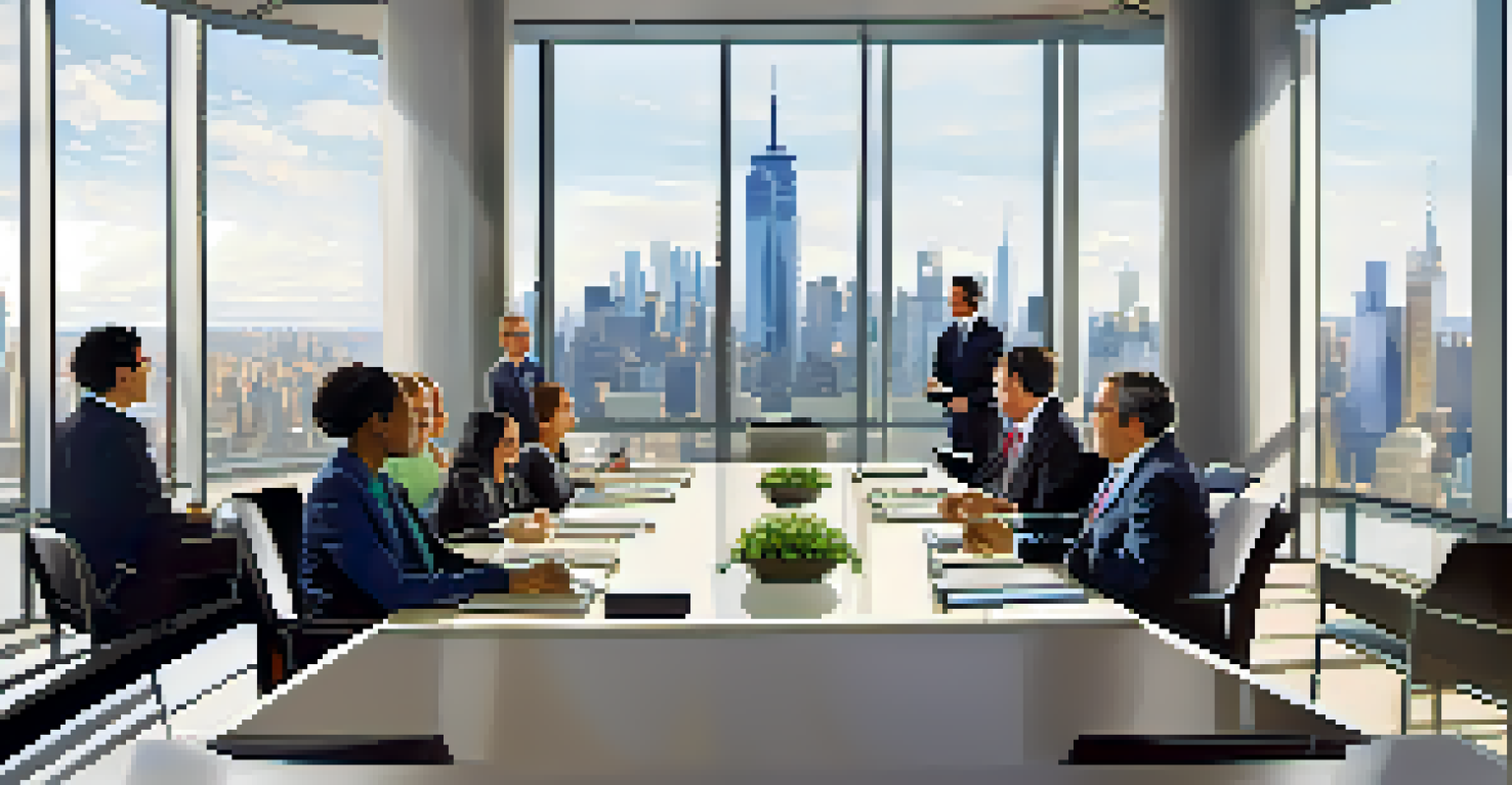 A diverse group of business professionals in a modern conference room discussing trade.