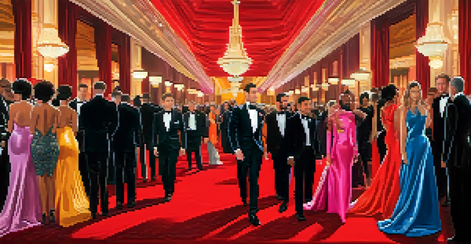 A group of diverse celebrities in extravagant outfits walking a red carpet at a glamorous event with bright lights and a beautiful venue background.