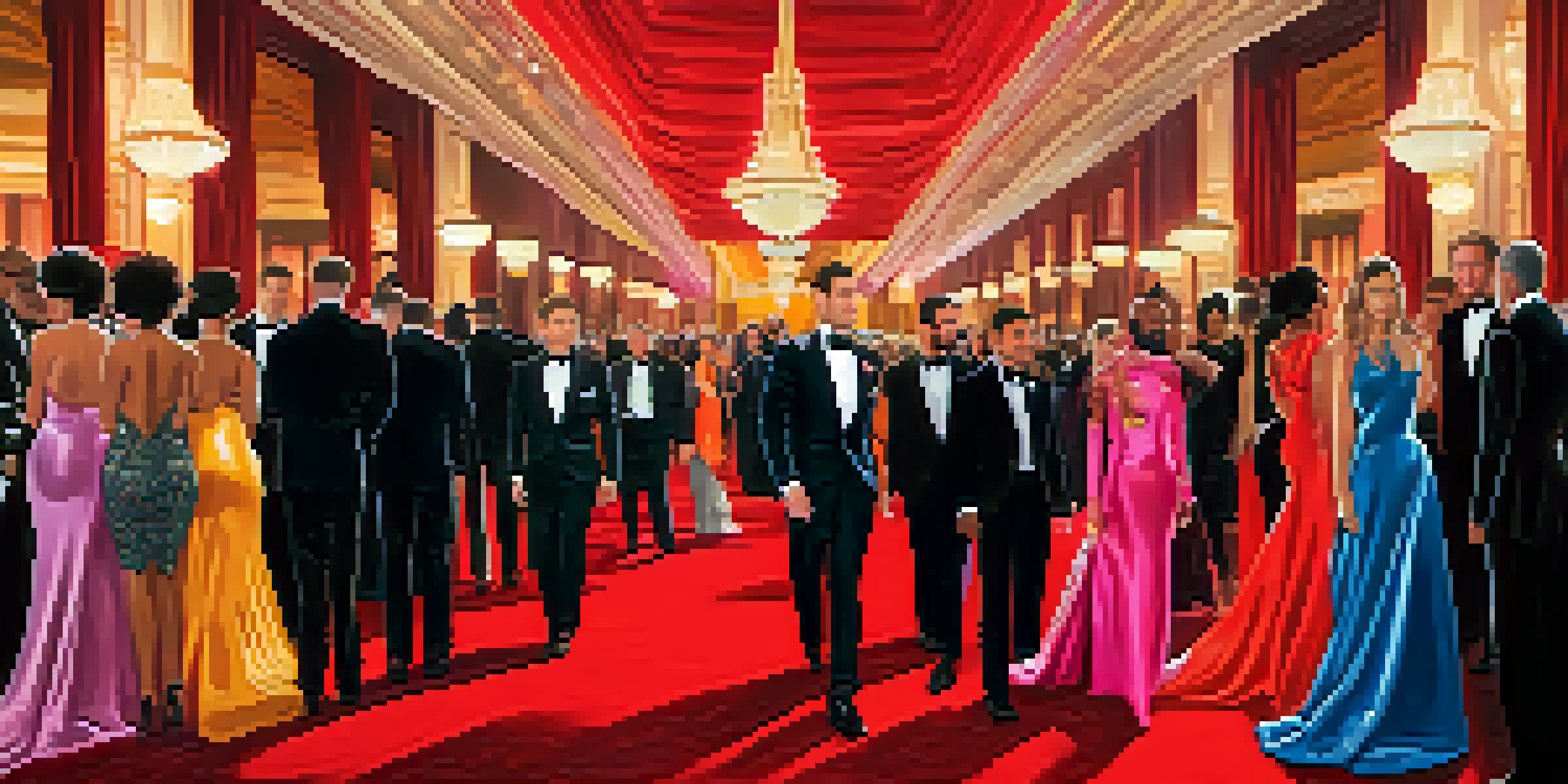 A group of diverse celebrities in extravagant outfits walking a red carpet at a glamorous event with bright lights and a beautiful venue background.