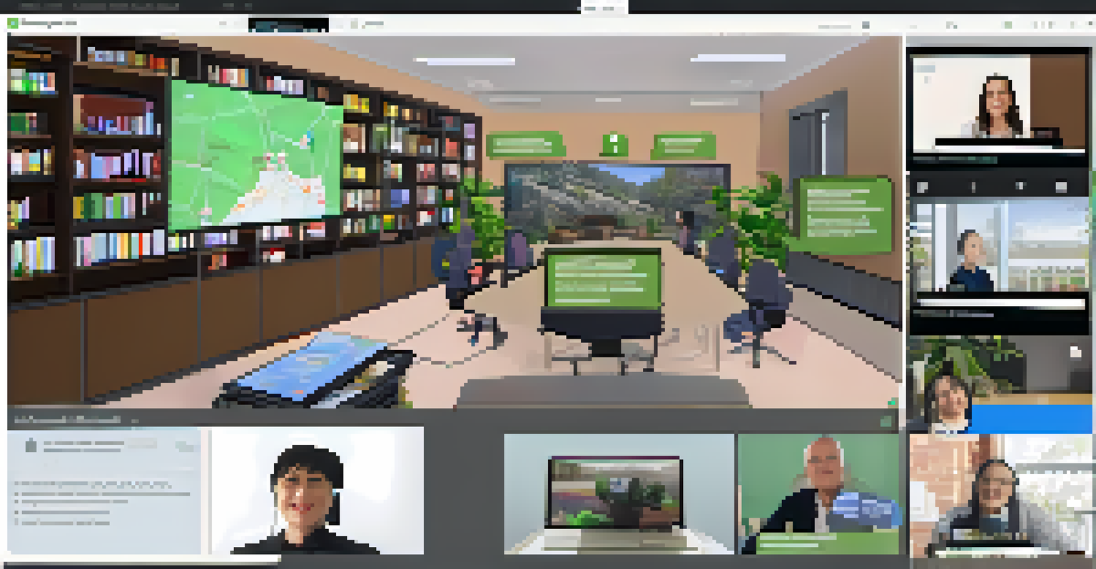 A computer screen showing a virtual town hall meeting with diverse participants discussing urban planning, with maps and chat visible.