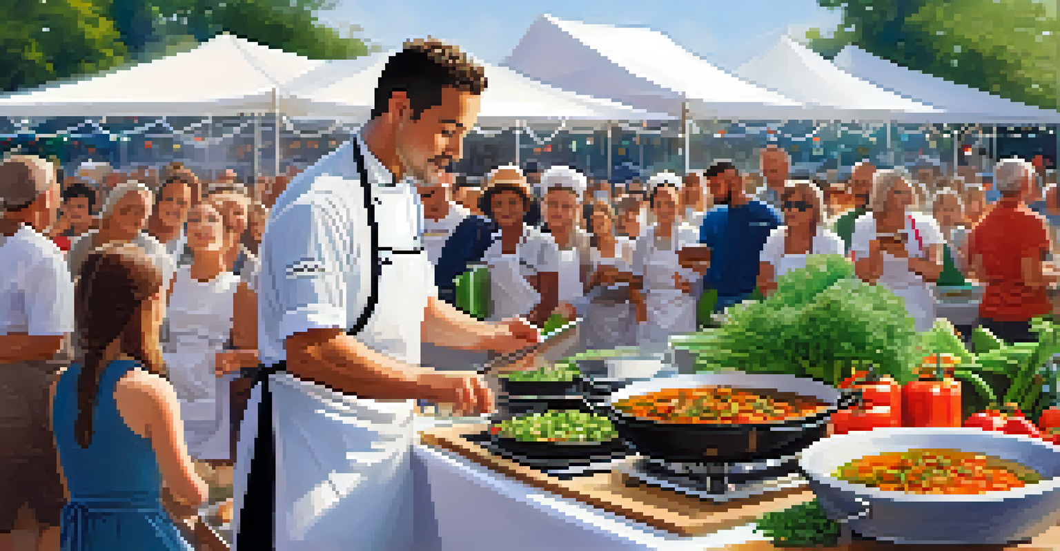 A chef demonstrating vegan cooking at a food festival, surrounded by fresh ingredients and an engaged audience.