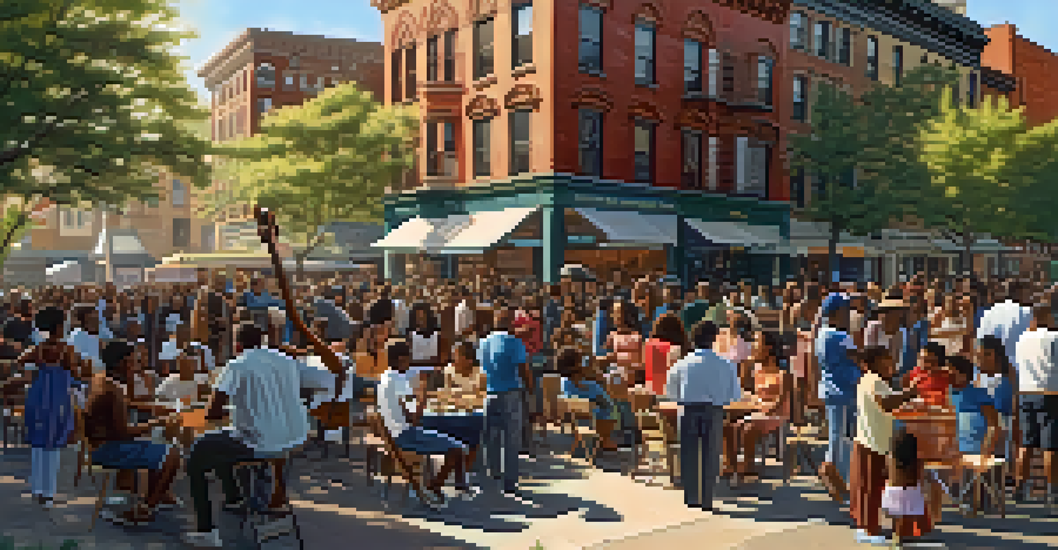A community gathering in Harlem with musicians, families, and cultural art, highlighting the neighborhood's vibrant atmosphere.
