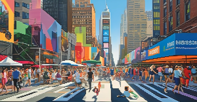 A lively pedestrian area in Times Square, New York City, with people walking and cycling amidst colorful street art and outdoor seating.
