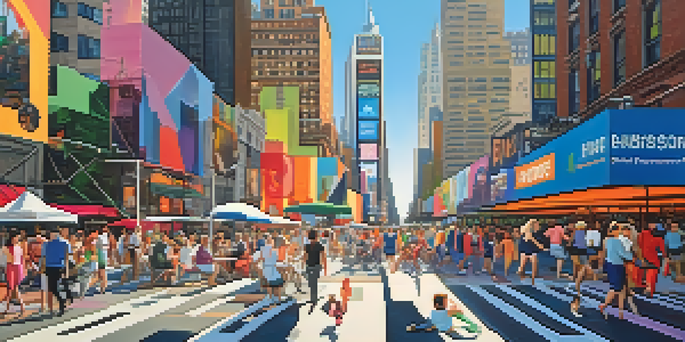 A lively pedestrian area in Times Square, New York City, with people walking and cycling amidst colorful street art and outdoor seating.
