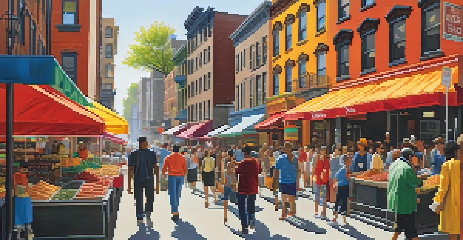 A lively street scene in New York City with diverse people, street vendors, and colorful storefronts, all under bright sunlight.