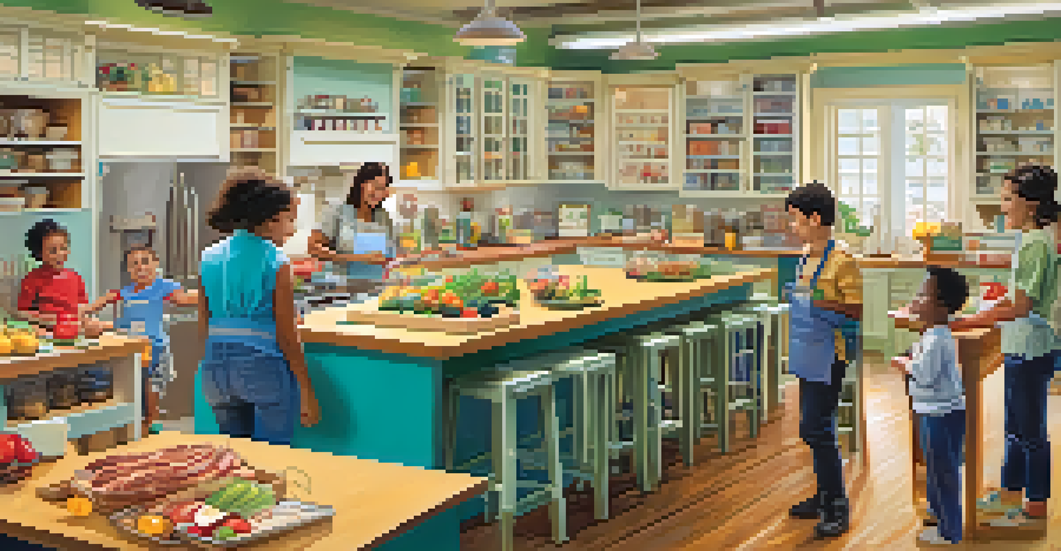 Families participating in a nutrition workshop in a bright kitchen, surrounded by fresh ingredients and engaging in cooking activities.