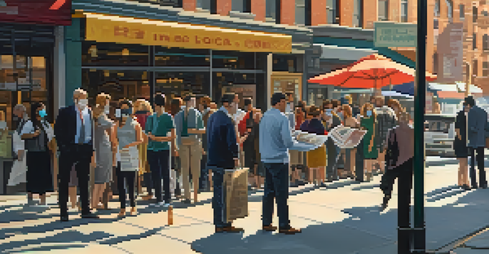 A street scene in New York City with journalists interviewing residents, people wearing masks, and a newspaper stand, all illuminated by warm sunlight.