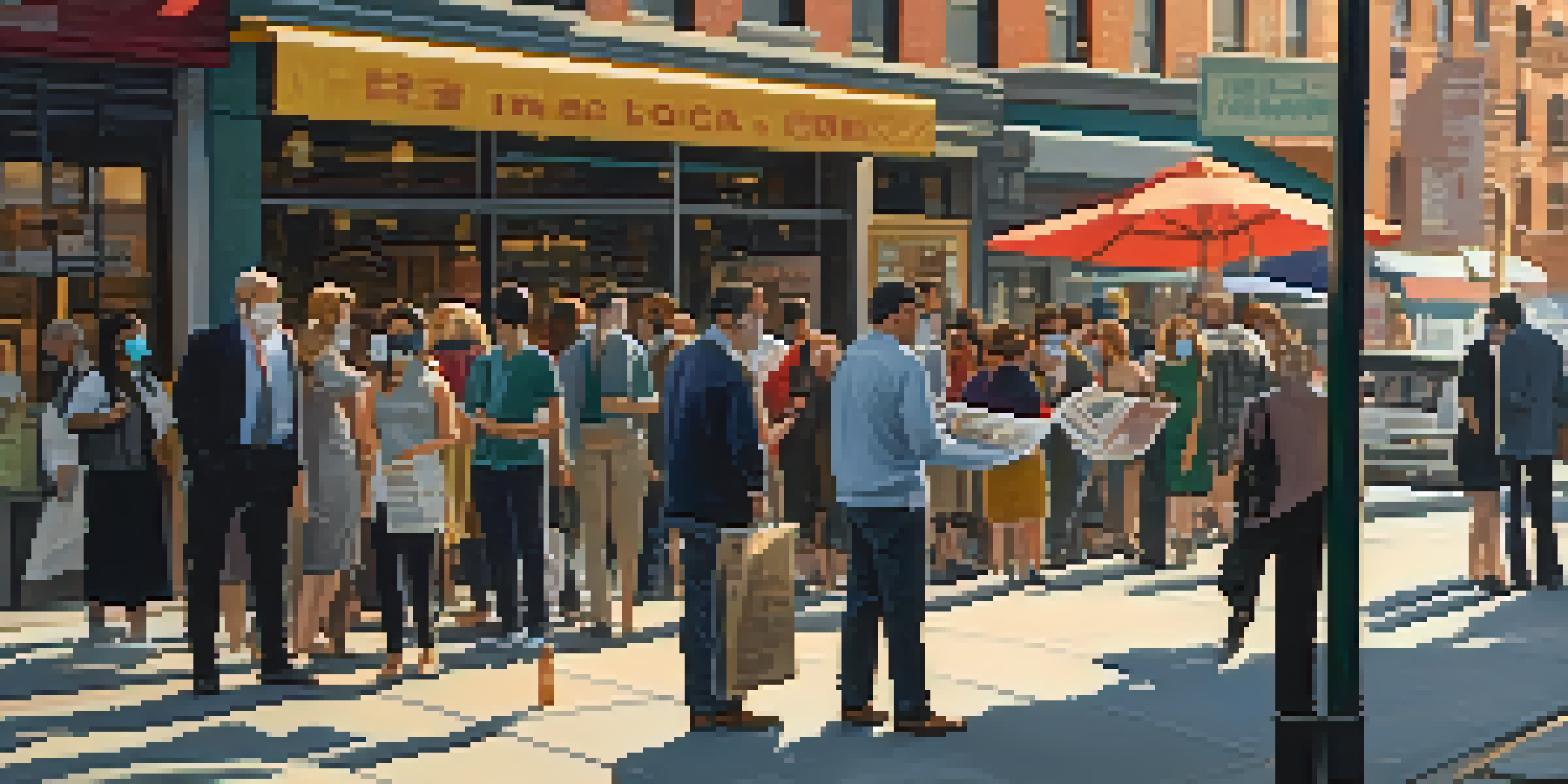 A street scene in New York City with journalists interviewing residents, people wearing masks, and a newspaper stand, all illuminated by warm sunlight.