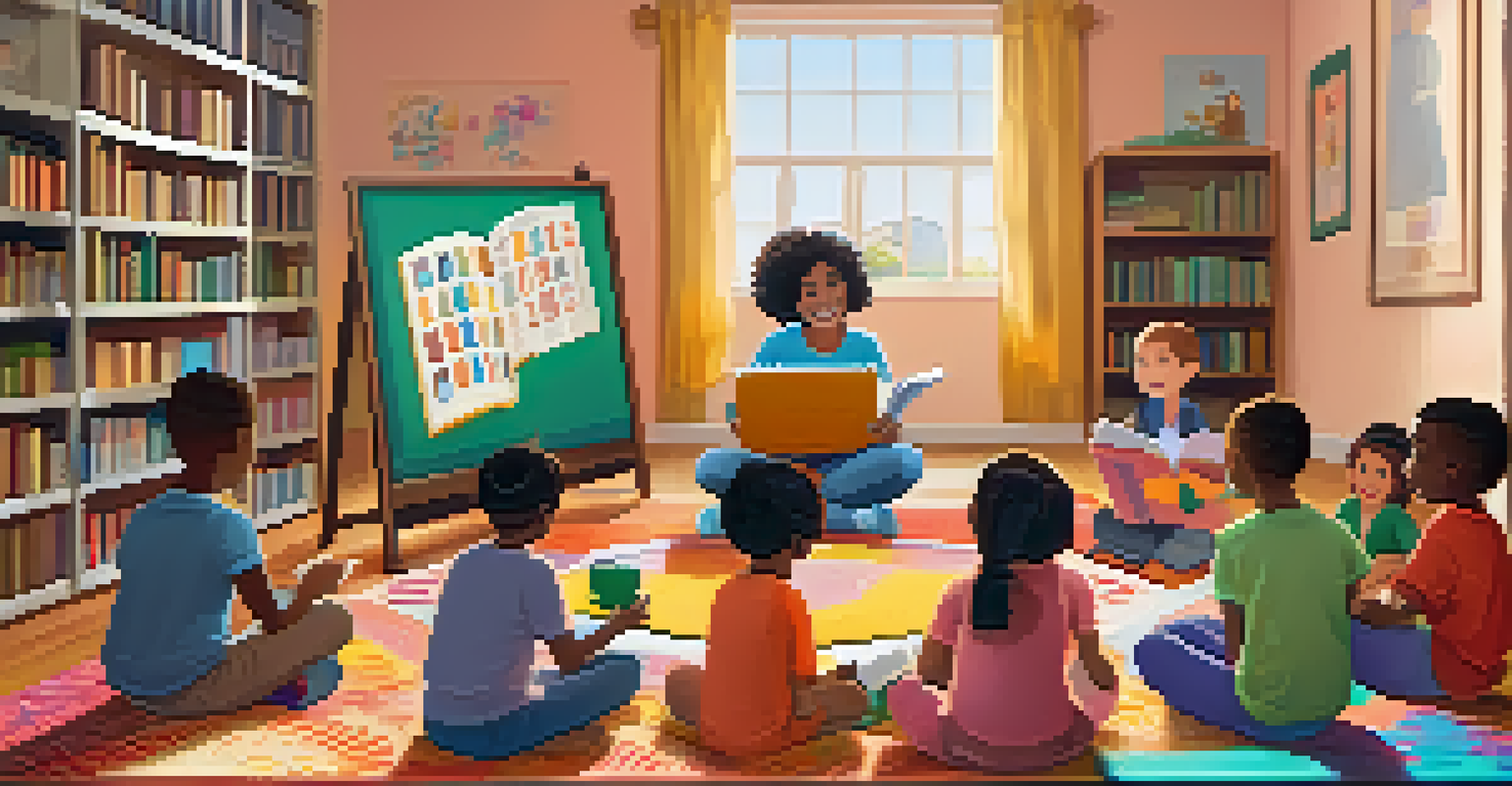 An online children's storytime session with a librarian reading to kids sitting on colorful rugs, surrounded by books.