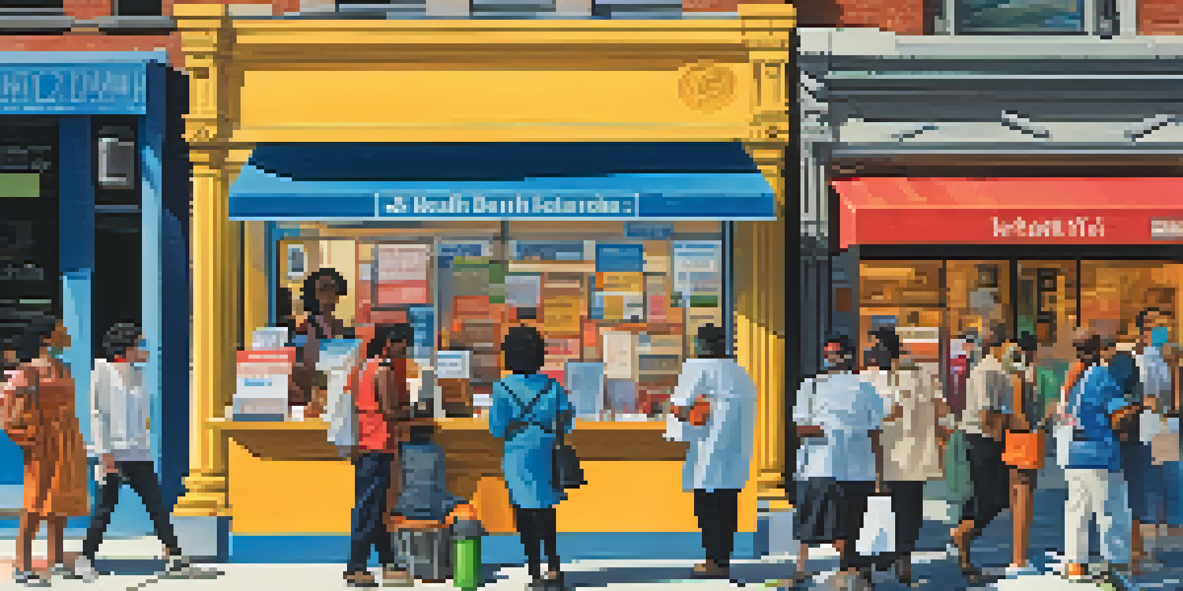 A busy New York City street with people wearing masks, holding flyers, and interacting with health department representatives at an information booth.