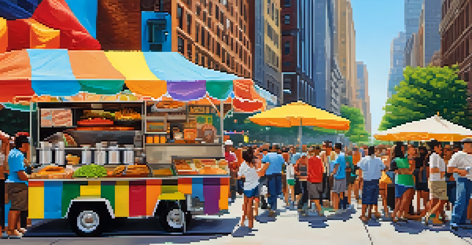 A colorful street food cart in New York City serving tacos, surrounded by a diverse crowd and iconic buildings.