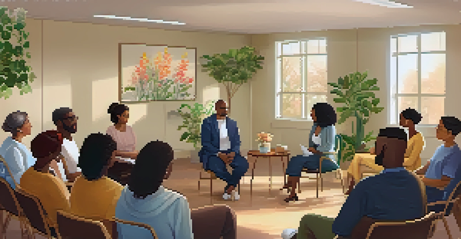 A professional facilitator guiding a support group, surrounded by diverse attendees in a calming room.