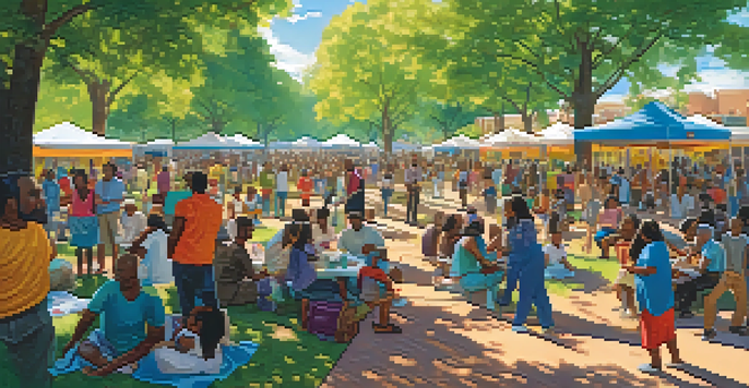 A community gathering in a park with diverse individuals engaging in conversations and activities, surrounded by greenery and colorful advocacy banners.