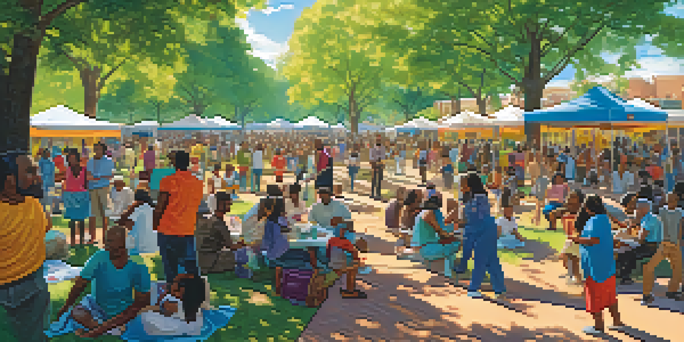 A community gathering in a park with diverse individuals engaging in conversations and activities, surrounded by greenery and colorful advocacy banners.