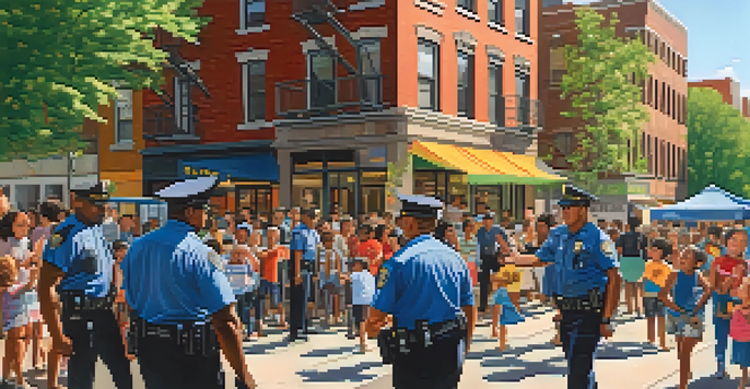 A neighborhood scene in New York City with police officers interacting warmly with residents, children playing, and colorful street art.