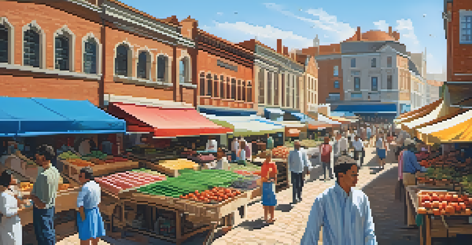 A lively local market with stalls of fresh produce and crafts, surrounded by historic and modern buildings under a blue sky.