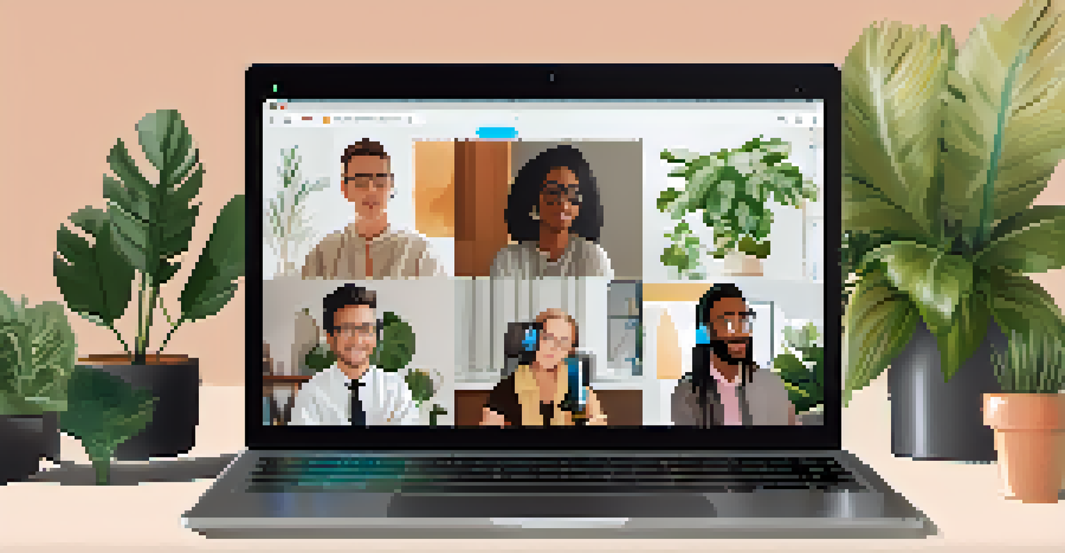 A close-up of a laptop screen showing a digital collaboration platform with hands of diverse individuals in a video conference, set in a cozy home office.