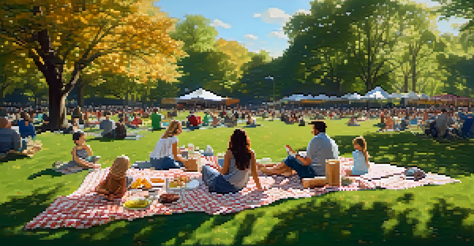 A family having a picnic on the grass at Central Park SummerStage, with food on a blanket and the stage in the background.