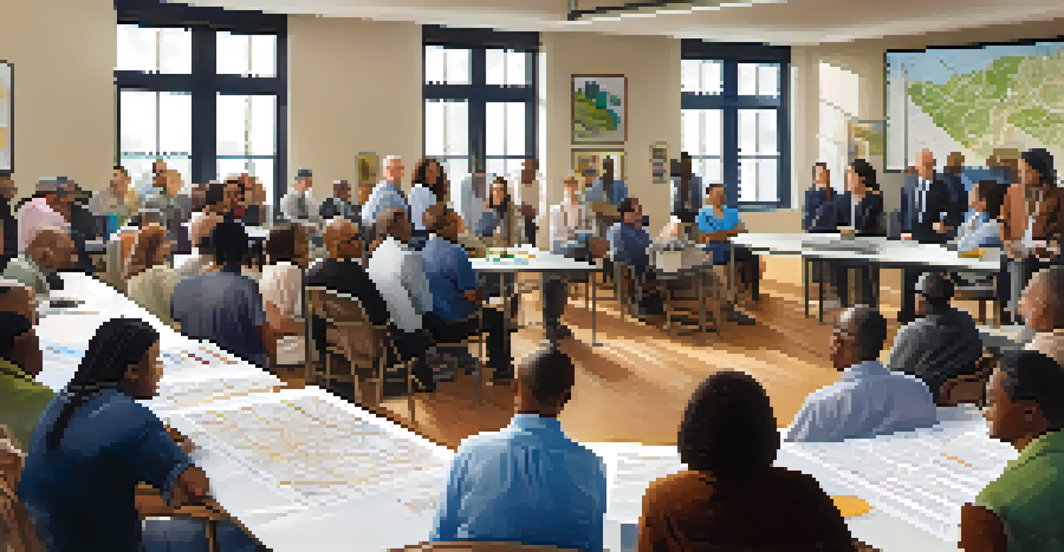 A diverse group of people in a community meeting discussing a real estate development proposal with charts and maps.